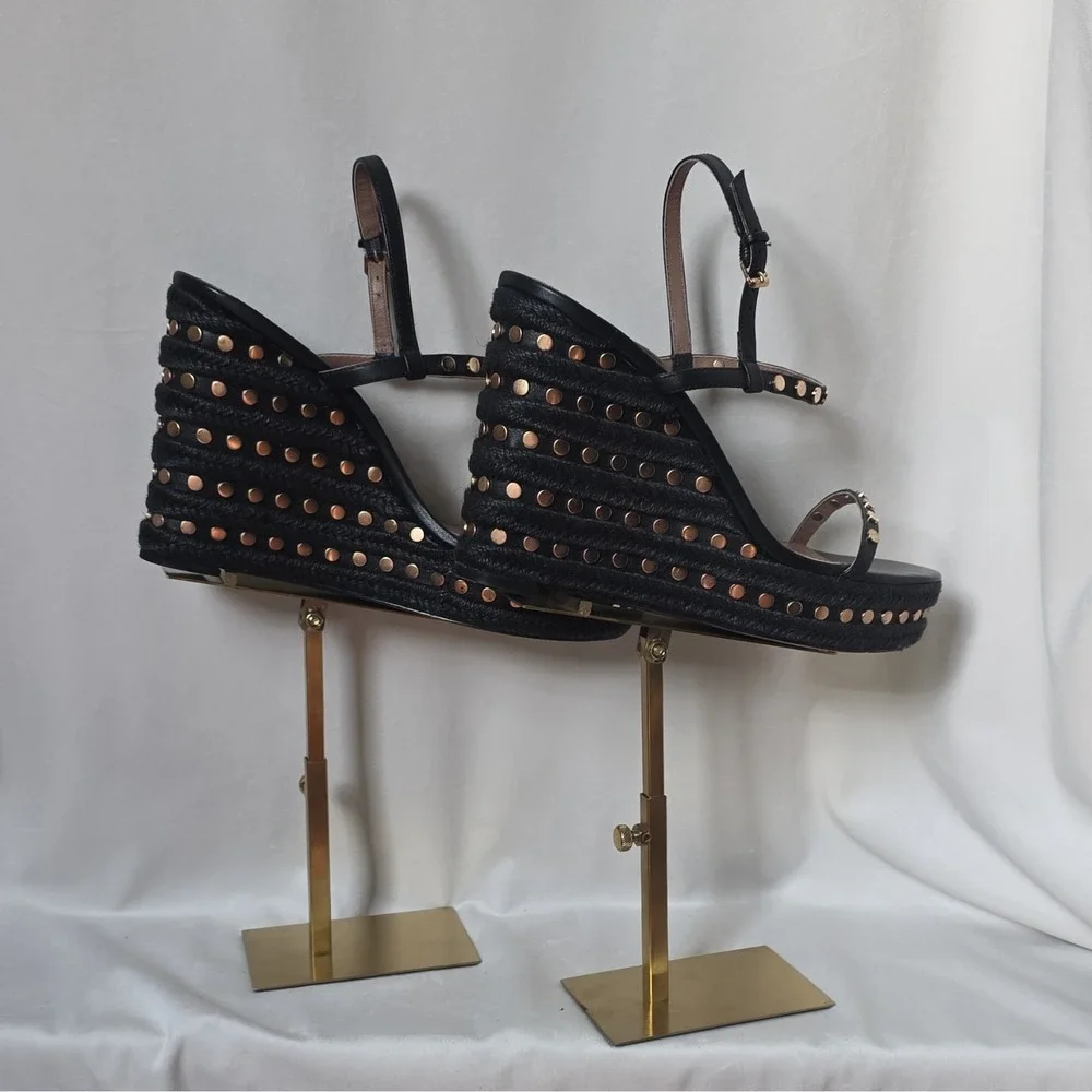 BCBGMAXAZRIA Paige Women's Black Calf Leather Studded Wedge 10M